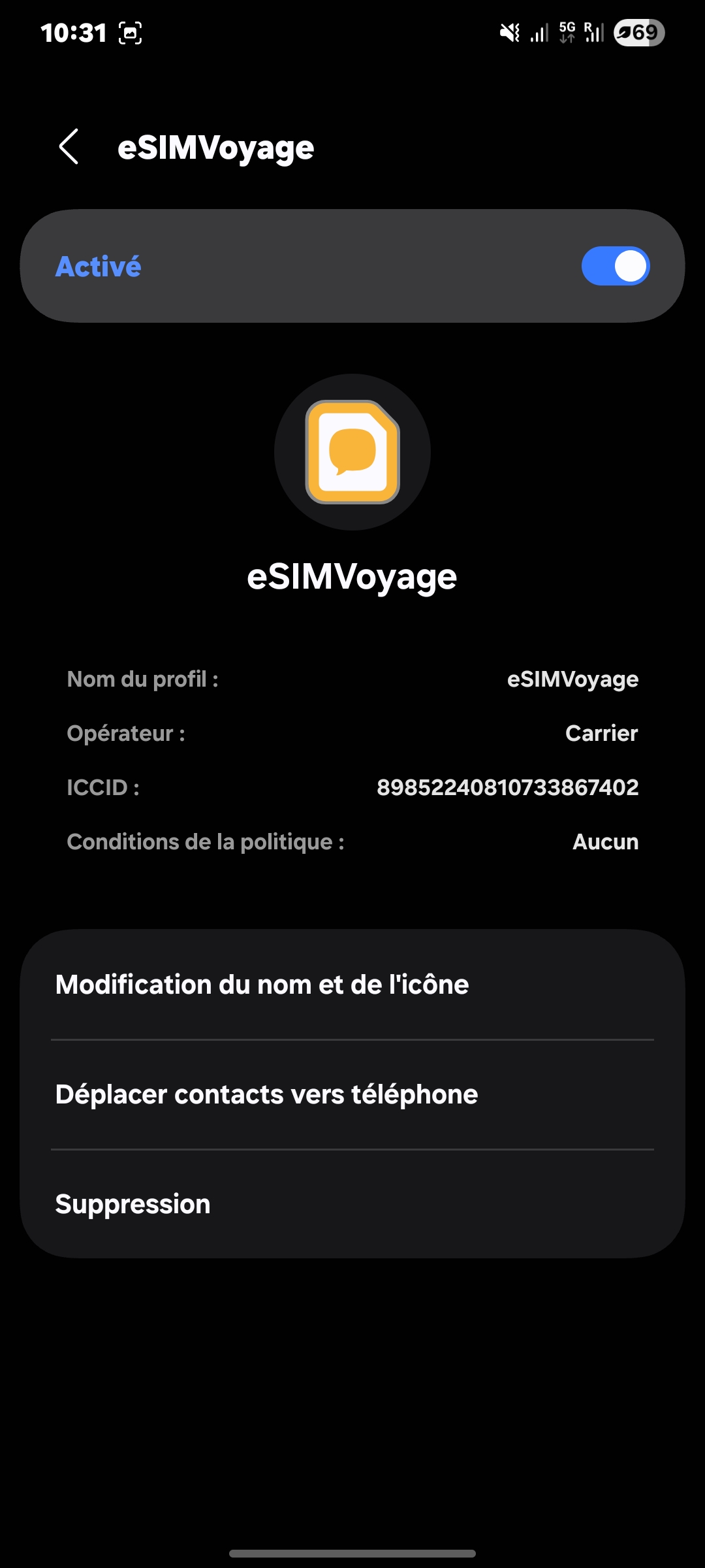 Profil eSIM eSIMVoyage sur Samsung Galaxy S21 — opérateur AIS Thaïlande